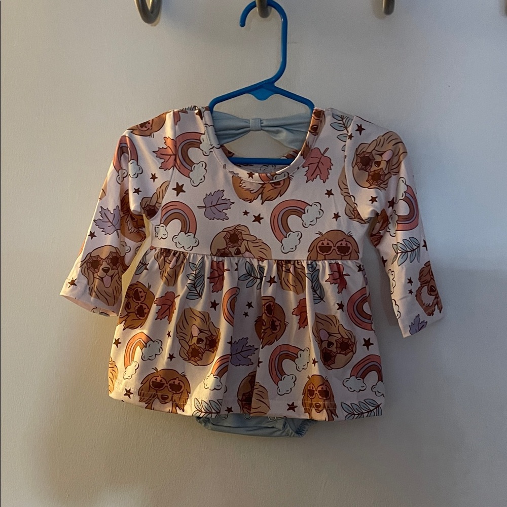 Kids Long Sleeve Romper with Rainbow and Puppy Design